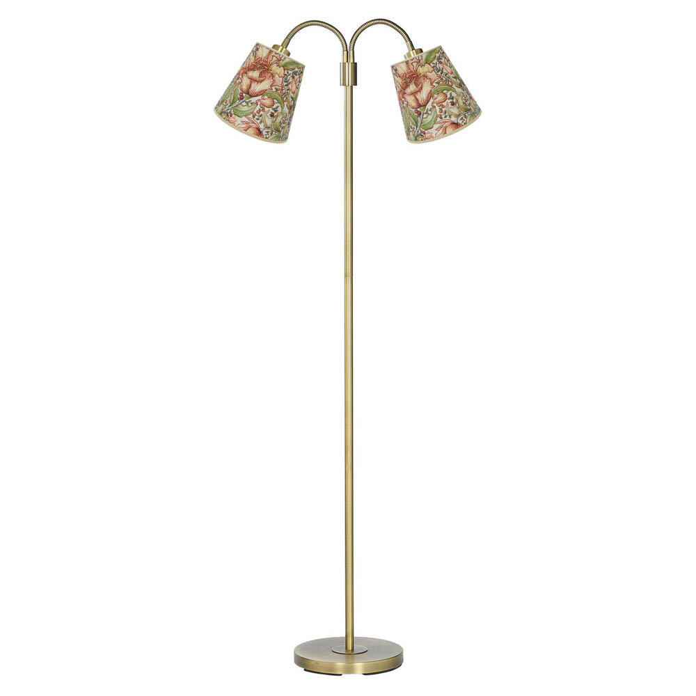 Golvlampa Amy 2-arm antikmässing med blommig skärm