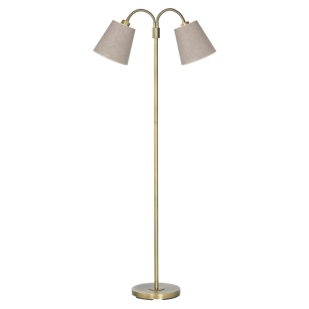 Golvlampa Amy 2-arm antikmässing med beige skärm